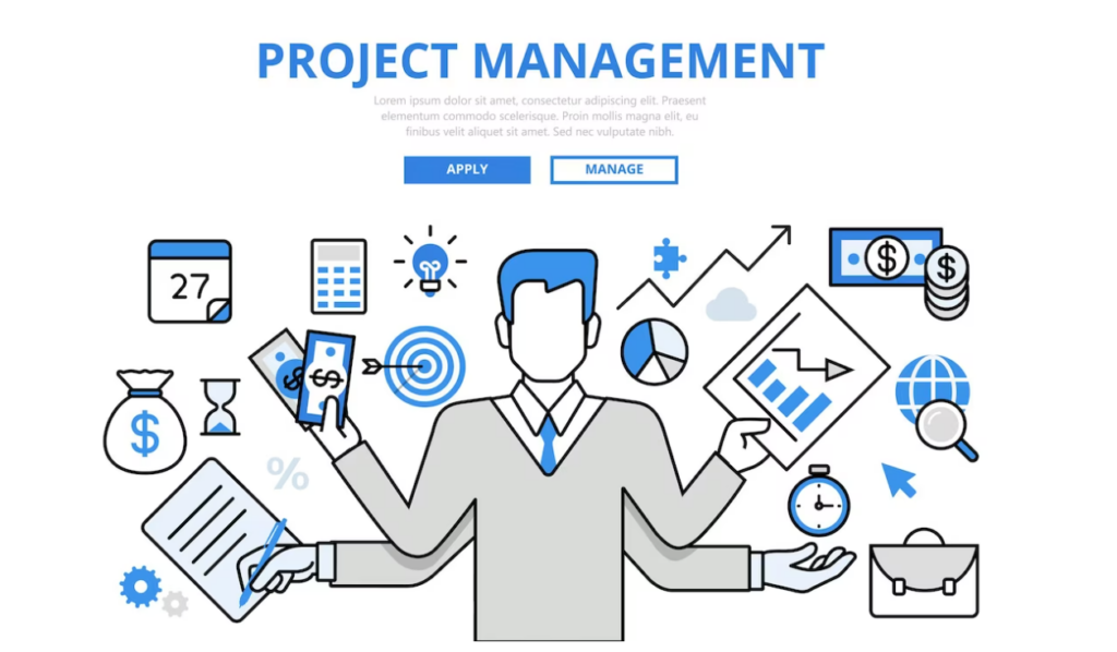 Project management business multitasking concept flat line art icons