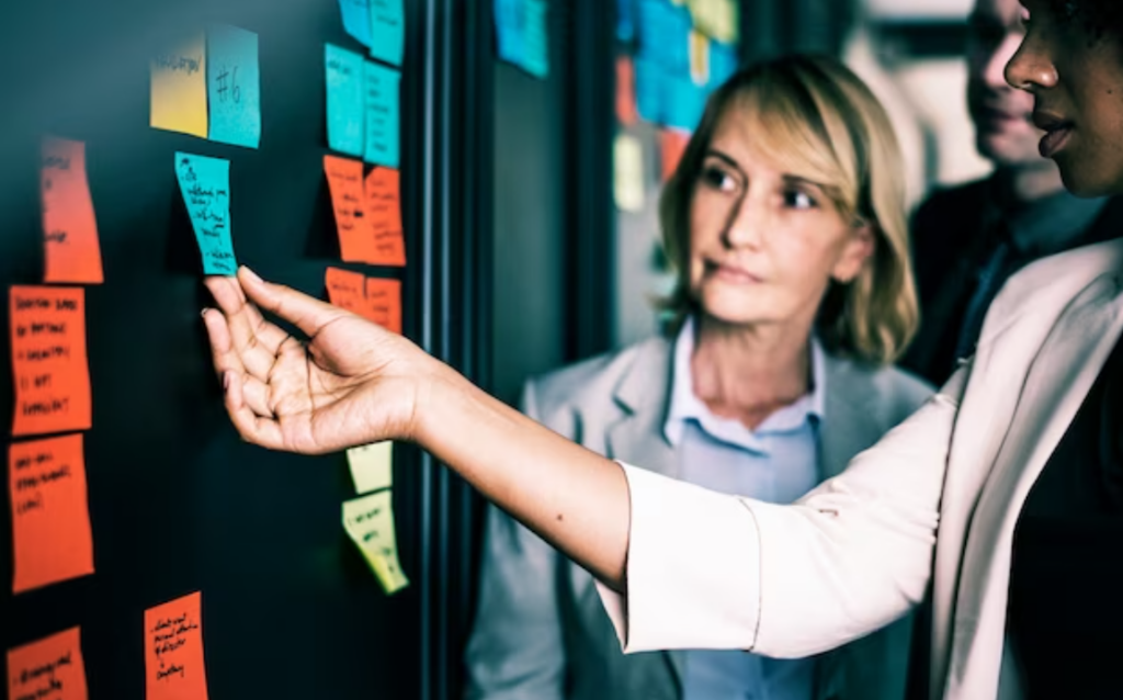 Business people planning tasks with sticky notes