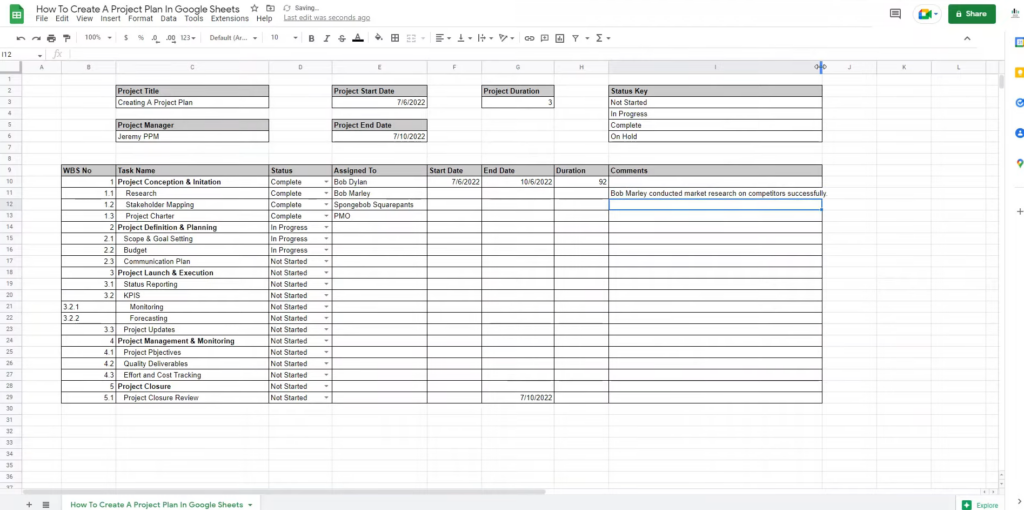 a screenshot from a youtube tutorial on how to create a project in google sheets